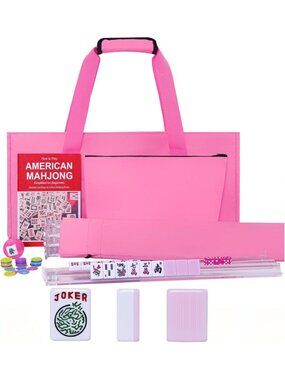 Pink Mahjong Game Set - 166 Tiles, Accessories, Transparent Racks & Pushers